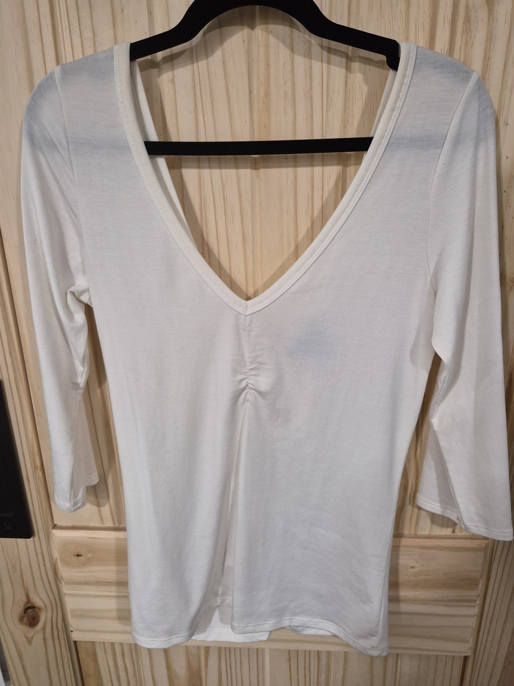 Moda International Off-White V-Neck 3/4 Sleeve Top with Back Ruching